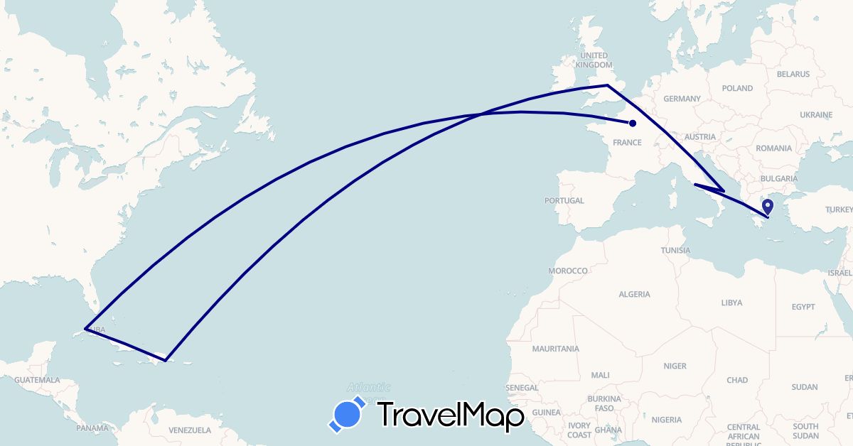 TravelMap itinerary: driving in Cuba, Dominican Republic, France, United Kingdom, Greece, Italy (Europe, North America)